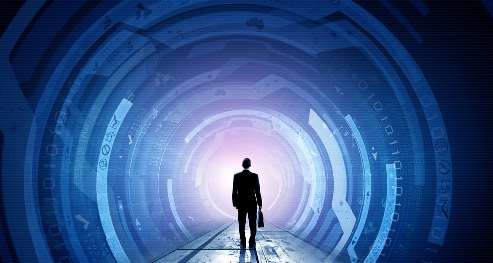 Back view of businessman with suitcase in hands looking at virtual panel-1